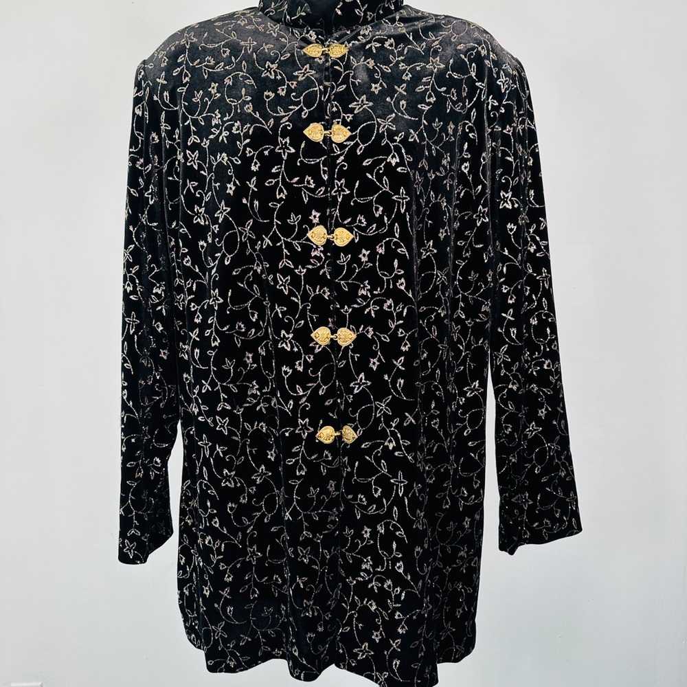 Vintage 90s Volup Black Velour Party Jacket Gold Glitter Tunic Plus 2X